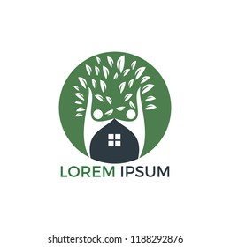 House and people logo design. Tree House and joyful people vector logo template.
