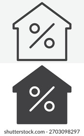Línea porcentual de la casa, esquema y conjunto de iconos sólidos que representan el concepto de hipoteca. Signo de Vector con trazo editable. Este ícono de porcentaje de la casa muestra temas de propiedad financiera.