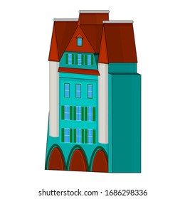 Casa en perspectiva aislada sobre fondo blanco. Casa clásica de la ciudad. Edificio de departamentos azul pológico victoriano. 3d representación de la casa urbana europea. Vector de existencias