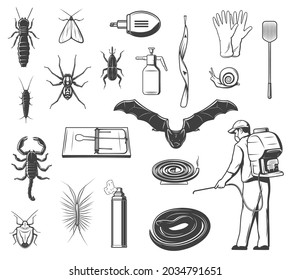 House pests control, insects and animals vector icons. Termite, silverfish and moth, spider, weevil beetle and scorpion, house centipede, bat and snake, worker with sprayer, mosquito coil and rattrap