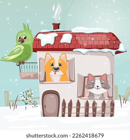House with pets. Vector cartoon illustration with a dog, cat and bird.