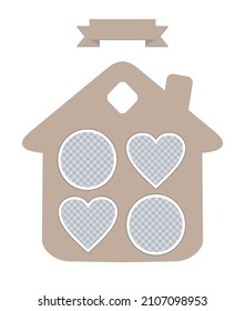House with photo frames of hearts and circles. Four Empty photo frames. Holiday card, banner, poster Mockup. Insert your photo into template collage. A symbol of family and love. Vector EPS10.