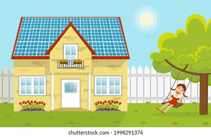 House with photovoltaic panels on its roof and a playing girl. Cottage with solar panels on the roof, garden and playing girl. Green energy concept. Solar power concept. Flat vector illustration.