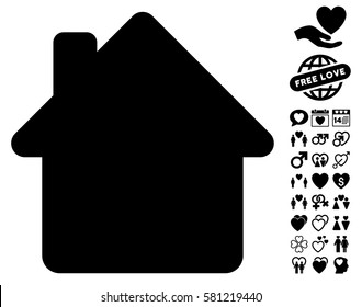 House pictograph with bonus dating pictures. Vector illustration style is flat iconic black symbols on white background.