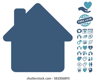 House pictograph with bonus love graphic icons. Vector illustration style is flat iconic cyan and blue symbols on white background.