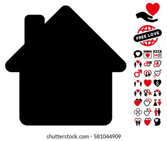 House pictograph with bonus love icon set. Vector illustration style is flat iconic intensive red and black symbols on white background.