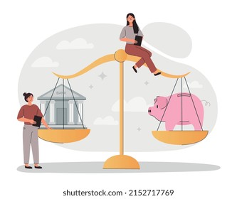 House And Piggy Bank. Comparison Of Two Methods Of Investing And Saving Income. Financial Literacy And Passive Income. Evaluation Of Storage Methods, Family Budget. Cartoon Flat Vector Illustration