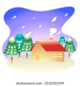 A house and pine on christmas day. Christmas landscape at night. christmas tree. concept for icon christmas day or postal card.