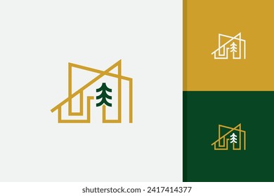 house with pine tree logo design vector template