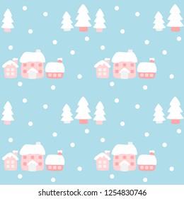 House and pine tree in winter pattern 