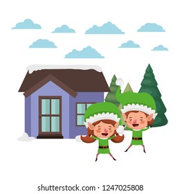 house with pine trees and couple of elves