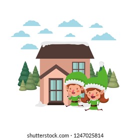 house with pine trees and couple of elves
