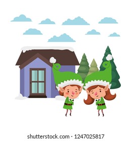 house with pine trees and couple of elves