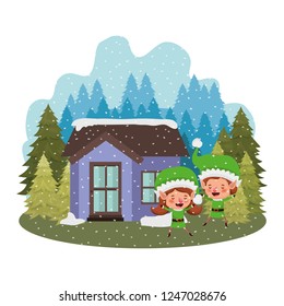 house with pine trees falling snow and couple of elves