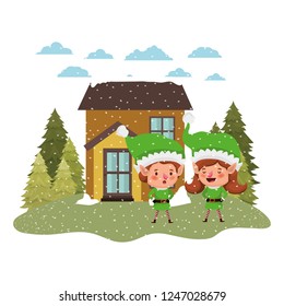 house with pine trees falling snow and couple of elves