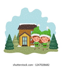 house with pine trees falling snow and couple of elves