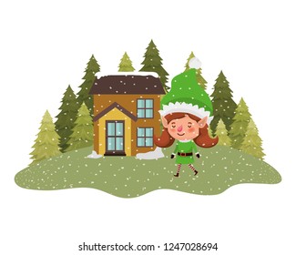 house with pine trees falling snow and elf woman