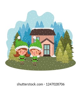 house with pine trees falling snow and couple of elves