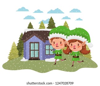 house with pine trees falling snow and couple of elves
