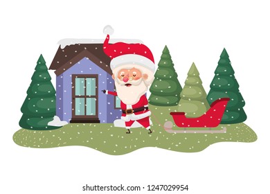 house with pine trees falling snow and santa claus