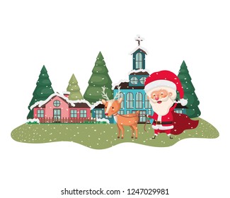 house with pine trees falling snow and santa claus