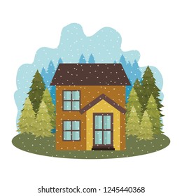 house with pine trees and snow isolated icon