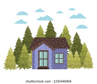 house with pine trees and snow isolated icon