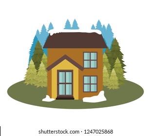 house with pine trees and snow isolated icon
