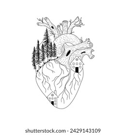 House and pines inside anatomical heart with vessels in form of branches. Home and tree in human heart, love roots concept. Vector illustration