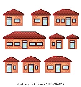 Pixelhäuser für Spiele-Symbole Vektorset. Häuser in der Umgebung des Vororts. Bildspielstil von Pixel. Pixels Kunstgebäude.