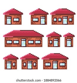 Casas de píxeles para iconos de juego, conjunto de vectores. Casas en el barrio de los suburbios. Arte de píxeles al estilo de un videojuego. Edificios de arte de píxeles.