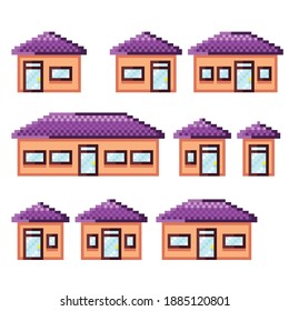 Casas de píxeles para iconos de juego, conjunto de vectores. Casas en el barrio de los suburbios. Arte de píxeles al estilo de un videojuego. Edificios de arte de píxeles.