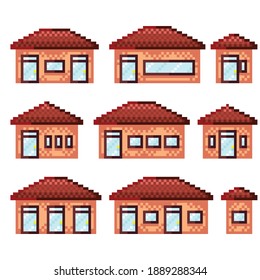 Casas de píxeles para iconos de juego, conjunto de vectores. Casas en el barrio de los suburbios. Arte de píxeles al estilo de un videojuego. Edificios de arte de píxeles.
