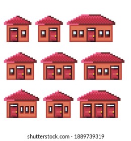 Casas de píxeles para iconos de juego, conjunto de vectores. Casas en el barrio de los suburbios. Arte de píxeles al estilo de un videojuego. Edificios de arte de píxeles.