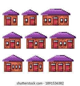 Casas de píxeles para iconos de juego, conjunto de vectores. Casas en el barrio de los suburbios. Arte de píxeles al estilo de un videojuego. Edificios de arte de píxeles.