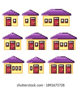 Pixelhäuser für Spielsymbole, Vektorset. Häuser in der Umgebung des Vororts. Pixelkunst im Stil von Videospielen. Pixels Kunstobjekte.
