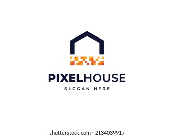 House pixels tech stack scattered block stone vector logo design, Creative home particles technology logo design