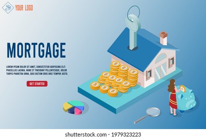 House is placed near stack of coins. Woman's hand that is coin down the Piggy bank. People Invest Money in Real Estate Property. 
House Loan, Rent and Mortgage Concept. Flat Isometric Vector Illustrat