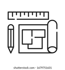 House plan black line icon. A set of construction or working drawings. Define all the specifications of a house. Pictogram for web page, mobile app, promo. UI UX GUI design element. Editable stroke.