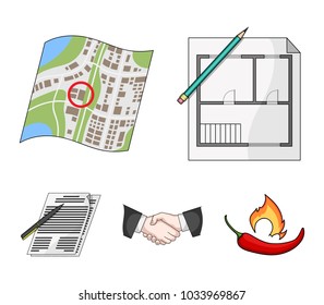 House plan, documents for signing, handshake, terrain plan. Realtor set collection icons in cartoon style vector symbol stock illustration web.
