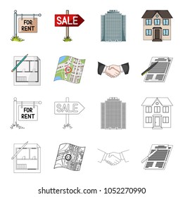 House plan, documents for signing, handshake, terrain plan. Realtor set collection icons in cartoon,outline style vector symbol stock illustration web.