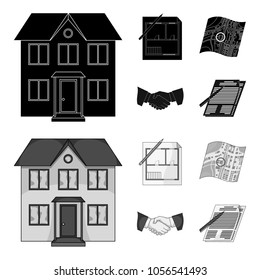 House plan, documents for signing, handshake, terrain plan. Realtor set collection icons in black,monochrom style vector symbol stock illustration web.