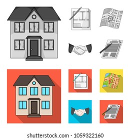 House plan, documents for signing, handshake, terrain plan. Realtor set collection icons in monochrome,flat style vector symbol stock illustration web.