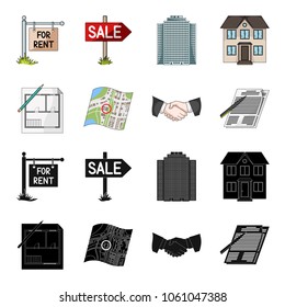 House plan, documents for signing, handshake, terrain plan. Realtor set collection icons in black,cartoon style vector symbol stock illustration web.