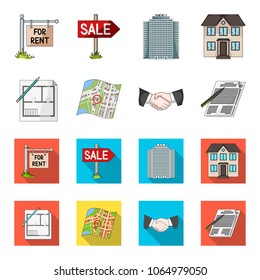 House plan, documents for signing, handshake, terrain plan. Realtor set collection icons in cartoon,flat style vector symbol stock illustration web.