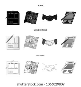 House plan, documents for signing, handshake, terrain plan. Realtor set collection icons in black,monochrome,outline style vector symbol stock illustration web.