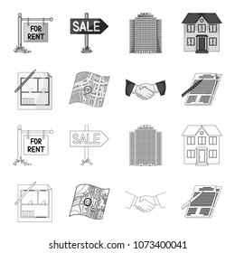 House plan, documents for signing, handshake, terrain plan. Realtor set collection icons in outline,monochrome style vector symbol stock illustration web.