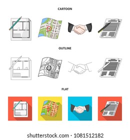 House plan, documents for signing, handshake, terrain plan. Realtor set collection icons in cartoon,outline,flat style vector symbol stock illustration web.