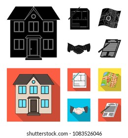 House plan, documents for signing, handshake, terrain plan. Realtor set collection icons in black, flat style vector symbol stock illustration web.