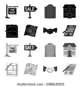 House plan, documents for signing, handshake, terrain plan. Realtor set collection icons in black,monochrome style vector symbol stock illustration web.